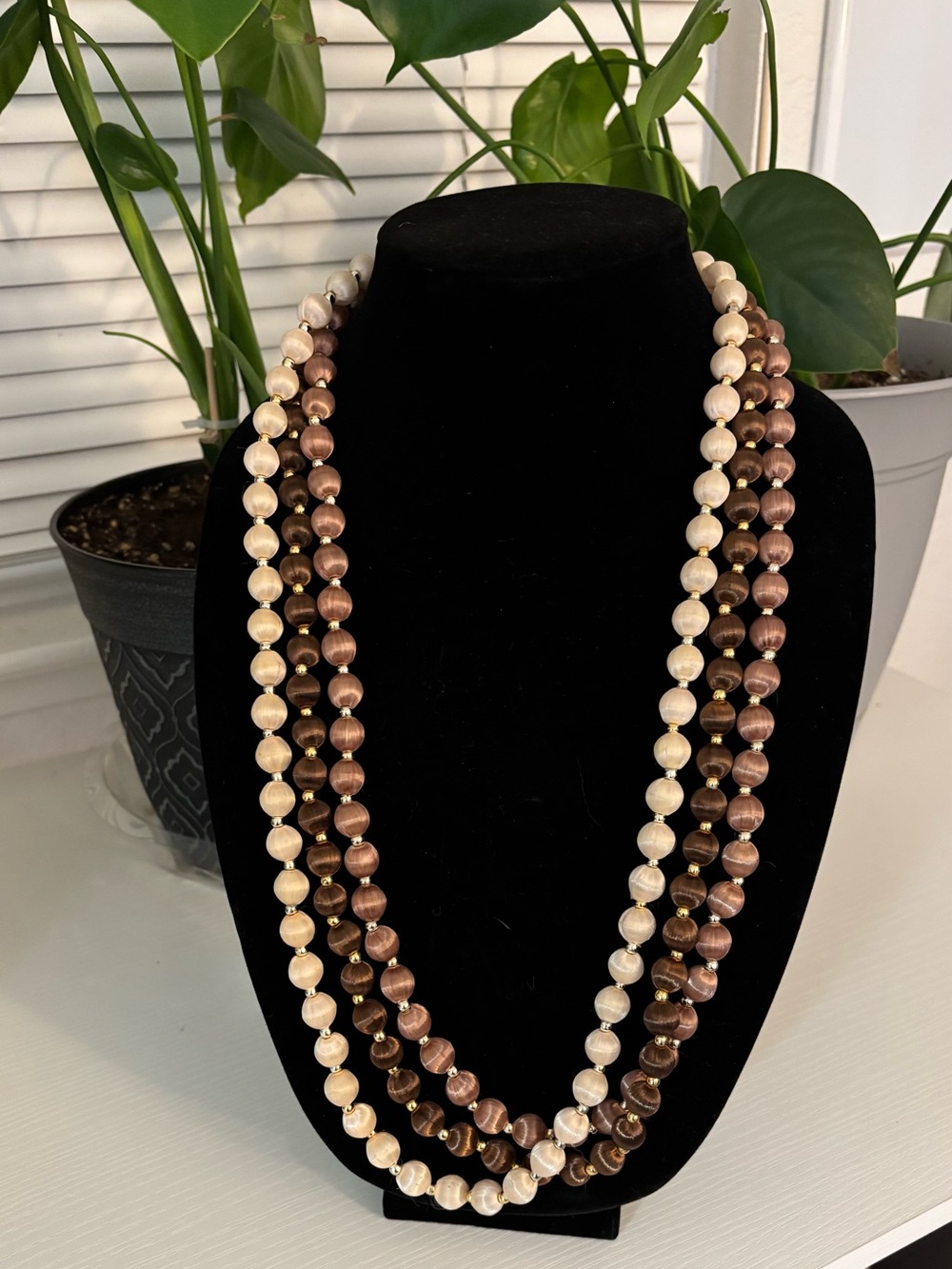 Set of 3 Single Strand Vintage Silk Beaded Necklaces in Beige, Brown and Mauve